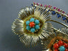 ANTIQUE LARGE 1.75CT MULTI GEM 14KT YELLOW GOLD DOUBLE FLOWER LEAF BROOCH #25412