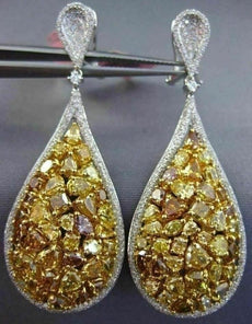 LARGE 11.85CT WHITE & FANCY YELLOW DIAMOND 18K 2 TONE GOLD PEAR HANGING EARRINGS
