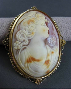 ANTIQUE LARGE 14KT YELLOW GOLD HANDCRAFTED LADY SHELL CAMEO PENDANT & PIN #22935