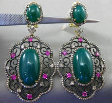 ANTIQUE LARGE 3.19CT DIAMOND & MULTI GEM 14K YELLOW BLACK GOLD FILIGREE EARRINGS