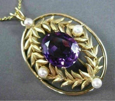 ANTIQUE LARGE 4.0CT AAA AMETHYST & PEARL 14KT YELLOW GOLD FLORAL PENDANT #23088