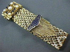 ANTIQUE .60CT SAPPHIRE 14KT Y GOLD PEARL & BLUE ENAMEL TASSEL BRACELET #19994