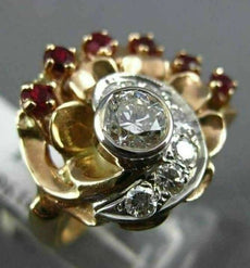 ANTIQUE 1.45CT DIAMOND & RUBY 14KT ROSE & WHITE GOLD FLOWER COCKTAIL RING #1968