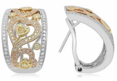 LARGE 1.50CT MULTI COLOR DIAMOND 18KT TWO TONE GOLD FILIGREE LOVE HEART EARRINGS