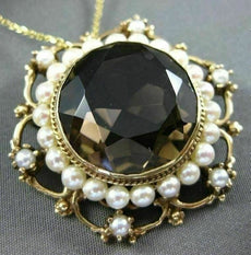 ANTIQUE LARGE 35CT SMOKY TOPAZ & SOUTH SEA PEARL 14KT YELLOW GOLD PENDANT BROOCH