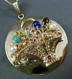ANTIQUE LARGE AAA MULTI GEM & PEARL 14KT YELLOW GOLD FLOWER BASKET PENDANT #1237