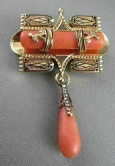 ANTIQUE .14CT ROSE CUT DIAMOND 18KT Y GOLD CORAL & BLACK ENAMEL PIN BROOCH #1892