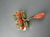 ANTIQUE .14CT ROSE CUT DIAMOND 18KT Y GOLD CORAL & BLACK ENAMEL PIN BROOCH #1892