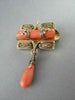 ANTIQUE .14CT ROSE CUT DIAMOND 18KT Y GOLD CORAL & BLACK ENAMEL PIN BROOCH #1892