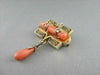ANTIQUE .14CT ROSE CUT DIAMOND 18KT Y GOLD CORAL & BLACK ENAMEL PIN BROOCH #1892