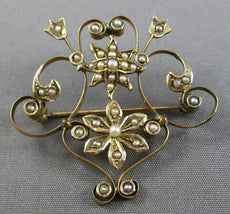 ANTIQUE VICTORIAN 14K YELLOW GOLD AAA PEARL HANDCRAFTED FILIGREE STAR PIN BROOCH