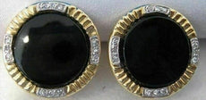 ANTIQUE LARGE 25MM DIAMOND BLACK ONYX 14K WHITE YELLOW GOLD ROUND EARRINGS #752