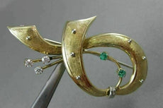 ANTIQUE LARGE DIAMOND & AAA EMERALD 18KT 2 TONE GOLD MUSICAL NOTE BROOCH #22500