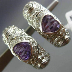 LARGE 1.94CT DIAMOND & AMETHYST 18K WHITE GOLD 3D HEART HANGING CLIP ON EARRINGS