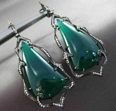 ANTIQUE MASSIVE 36.20CT DIAMOND & GREEN AGATE 14K BLACK GOLD 3D HANGING EARRINGS