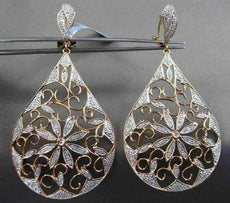 ANTIQUE MASSIVE .67CT DIAMOND 18KT ROSE GOLD 3D FLORAL FILIGREE HANGING EARRINGS