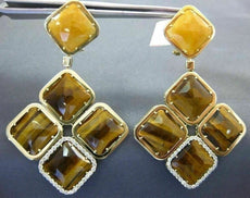 LARGE .80CT DIAMOND & TIGER EYE & QUARTZ 14K YELLOW GOLD SQUARE HANGING EARRINGS