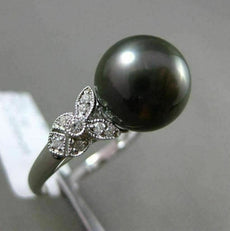 ESTATE .16CT DIAMOND 18KT WHITE GOLD 3D TAHITIAN PEARL FLOWER LEAF SOLITARE RING