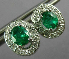 ESTATE 1.10CT DIAMOND & AAA EMERALD 14KT WHITE GOLD 3D OVAL HALO STUD EARRINGS