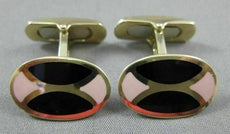 ANTIQUE LARGE 14KT YELLOW GOLD OVAL BLACK & PINK ENAMEL CUFF LINKS #21207