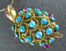 ANTIQUE LARGE 5.0CT AAA RUBY & TURQUOISE 18K YELLOW GOLD TURTLE BROOCH PIN #1909