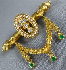 ANTIQUE .35CT DIAMOND EMERALD & PEARL 14KT YELLOW GOLD FILIGREE BROOCH PIN #876