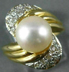 ANTIQUE DIAMOND 9MM SOUTH PEARL 14KT YELLOW GOLD COCKTAIL RING #17189