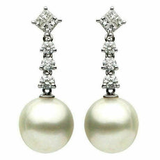 ESTATE .97CT DIAMOND & AAA SOUTH SEA PEARL 18KT WHITE GOLD LOVE HANGING EARRINGS