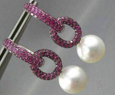 LARGE 2.75CT AAA PINK SAPPHIRE & SOUTH SEA PEARL 18K WHITE GOLD HANGING EARRINGS