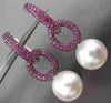 LARGE 2.75CT AAA PINK SAPPHIRE & SOUTH SEA PEARL 18K WHITE GOLD HANGING EARRINGS