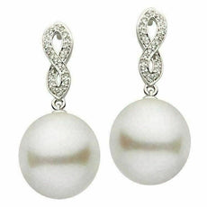 ESTATE .15CT DIAMOND & AAA SOUTH SEA PEARL 14K WHITE GOLD INFINITY LOVE EARRINGS