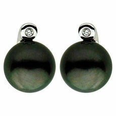 ESTATE .18CT ROUND DIAMOND & AAA TAHITIAN PEARL 14K WHITE GOLD 3D LOVE EARRINGS