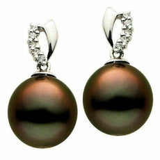ESTATE .07CT DIAMOND & AAA TAHITIAN PEARL 14KT WHITE GOLD LEAF HANGING EARRINGS