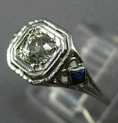 ANTIQUE .53CT DIAMOND & AAA SAPPHIRE 18K WHITE GOLD SQUARE ENGAGEMENT RING 26026