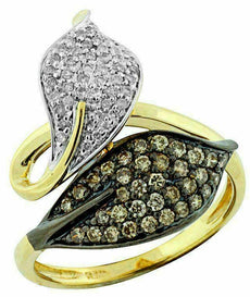 .61CT WHITE & CHOCOLATE FANCY DIAMOND 14KT YELLOW GOLD LEAF CRISS CROSS FUN RING