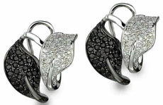 1.0CT WHITE & BLACK DIAMOND 14KT WHITE GOLD 3D FLORAL LEAF LOVE CLIP ON EARRINGS