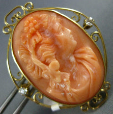 ANTIQUE LARGE VICTORIAN DIAMOND & AAA CORAL 14KT GOLD CAMEO BROOCH PENDANT #888