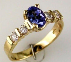 1.29CT DIAMOND & AAA TANZANITE 14KT YELLOW GOLD 3D OVAL & ROUND FRIENDSHIP RING