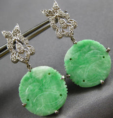 ANTIQUE LARGE .63CT DIAMOND & AAA JADE 14KT WHITE GOLD 3D BIRD HANGING EARRINGS