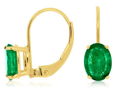1.60CT DIAMOND & AAA EMERALD 14KT YELLOW GOLD 3D OVAL LEVERBACK HANGING EARRINGS