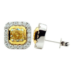 ESTATE LARGE 2.83CT WHITE & FANCY YELLOW DIAMOND 18KT 2 TONE GOLD ROUND EARRINGS