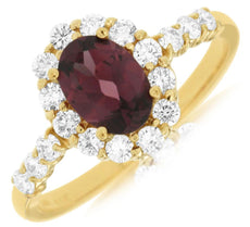 1.47CT DIAMOND & AAA RHODOLITE 14KT YELLOW GOLD 3D OVAL & ROUND FRIENDSHIP RING