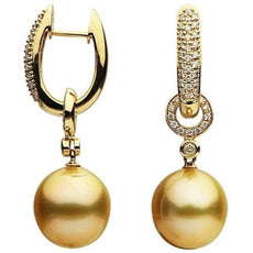 ESTATE .49CT DIAMOND & AAA GOLDEN PEARL 18KT YELLOW GOLD HUGGIE HANGING EARRINGS