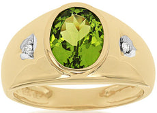 2.89CT DIAMOND & AAA PERIDOT 14KT YELLOW GOLD 3D OVAL & ROUND 3 STONE MEN'S RING