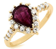 1.57CT DIAMOND & AAA RUBY 14KT YELLOW GOLD 3D PEAR SHAPE & ROUND ENGAGEMENT RING