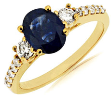 1.95CT DIAMOND & AAA SAPPHIRE 14KT YELLOW GOLD 3D OVAL 3 STONE ENGAGEMENT RING