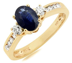 1.40CT DIAMOND & AAA SAPPHIRE 14KT YELLOW GOLD CLASSIC OVAL 3 STONE PROMISE RING
