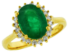 2.76CT DIAMOND & EMERALD 14KT YELLOW GOLD CLASSIC OVAL & ROUND HALO FLOWER RING