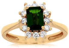 1.4CT DIAMOND & AAA GREEN GARNET 14K YELLOW GOLD EMERALD CUT & ROUND FLOWER RING