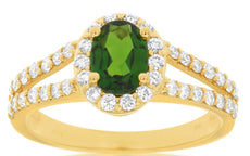 1.60CT DIAMOND & AAA GREEN GARNET 14KT YELLOW GOLD OVAL & ROUND ENGAGEMENT RING